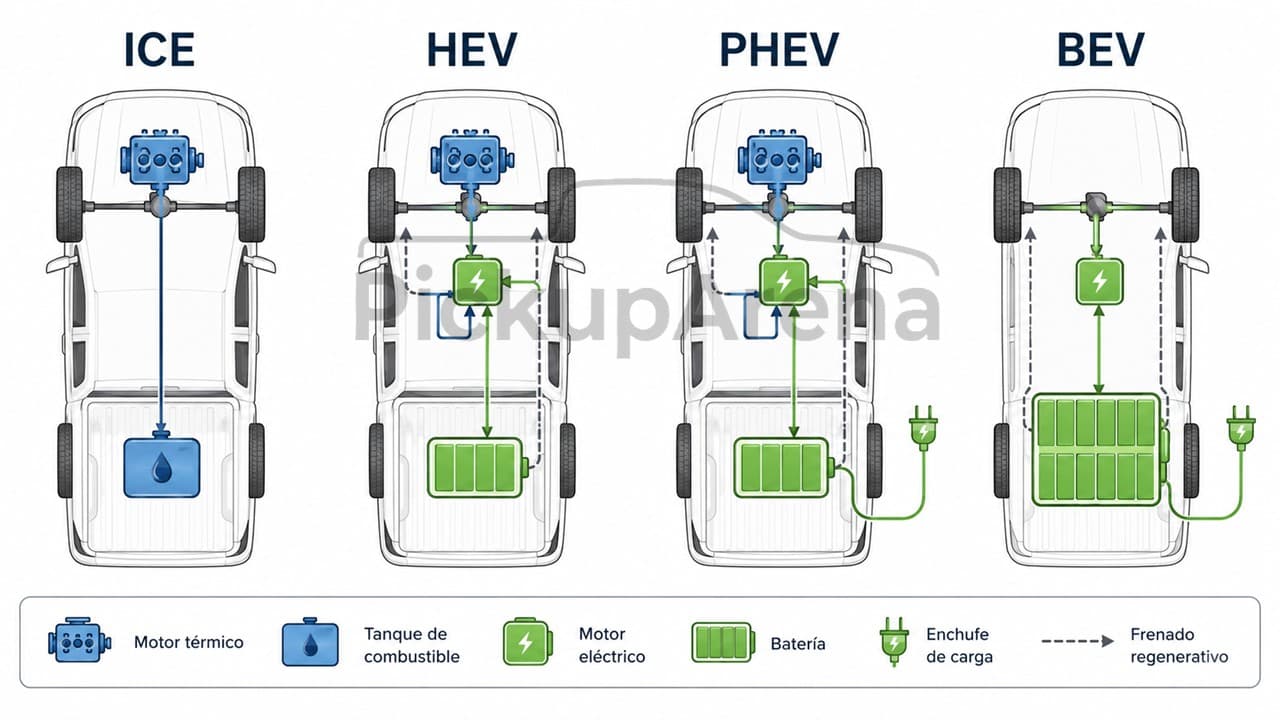 Electrificación en pickups - Sistemas MHEV, HEV, PHEV y BEV